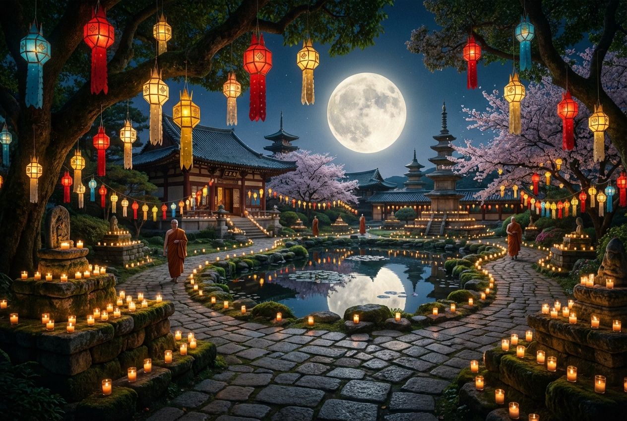A breathtaking wide shot of a tranquil Buddhist temple garden at night. Hundreds of vibrant paper lanterns glow softly among the trees and along pathways, while countless small candles flicker serenely on stone altars. A magnificent full moon dominates the clear night sky, illuminating the scene with a spiritual aura, composed as a vivid 3:2 landscape photograph.