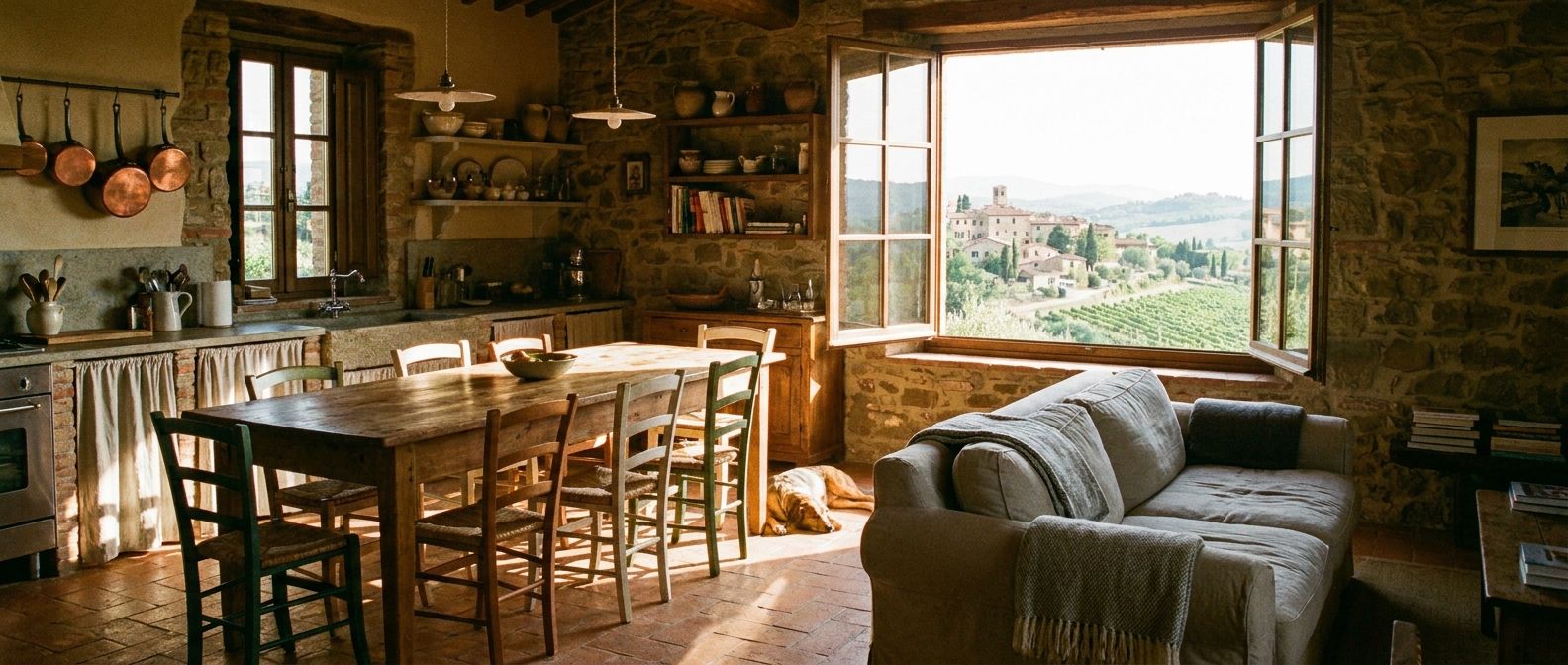 A wide-angle photograph of a sun-drenched, inviting Italian living room or kitchen, featuring a rustic wooden table with chairs and a comfortable sofa. Through a large, open window, a picturesque view of an Italian village or countryside is visible, evoking a warm sense of home.