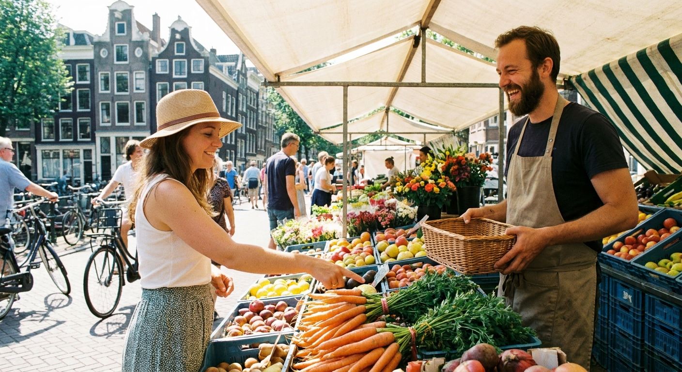 A lively, sun-drenched photograph of a bustling Dutch outdoor market. A close-up shot captures two people, a customer and a vendor, engaged in a friendly interaction at a vibrant flower or produce stall, where the customer subtly gestures towards an item they desire, conveying a sense of choice and intention.
