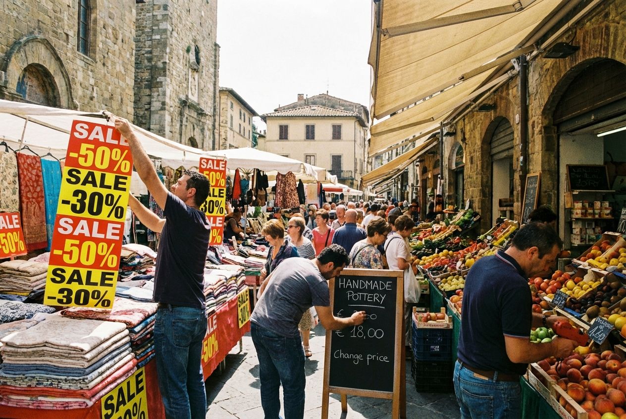A wide-angle shot of a bustling marketplace with vendors selling various goods. Some items have prominent sale stickers with percentage discounts, while other vendors are adjusting their prices. The scene is filled with vibrant colours and natural lighting, capturing the essence of commerce and price changes.