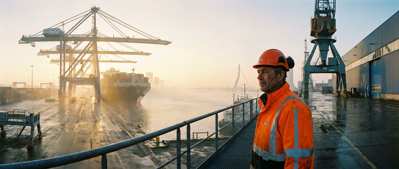 A wide-angle, dramatic photograph of a Dutch worker in a bright orange safety vest and helmet, standing on a modern industrial shipyard in Rotterdam at dawn. The worker is looking out over the misty port, with large cranes and ships in the background, bathed in the soft, golden light of the rising sun.