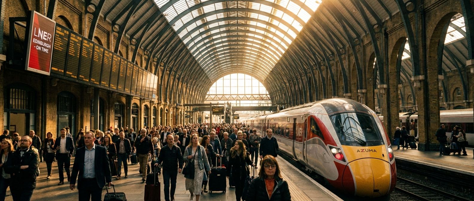 A wide, cinematic photograph of a bustling, grand historic British train station, such as London King's Cross, with a sleek modern train arriving at a platform. People are moving purposefully across the platform, some glancing at a large digital departure board, bathed in warm, dramatic light filtering through the station's arched glass roof.