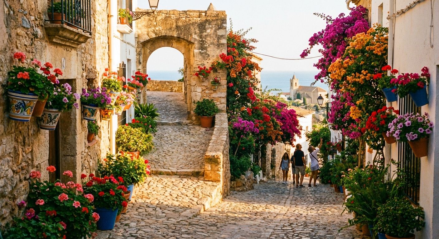 A scenic, winding cobblestone path ascending through a vibrant, sun-drenched Spanish village, with colorful ceramic pots and blooming bougainvillea adorning the walls. The path evokes a journey of progress and discovery, bathed in warm, inviting light.