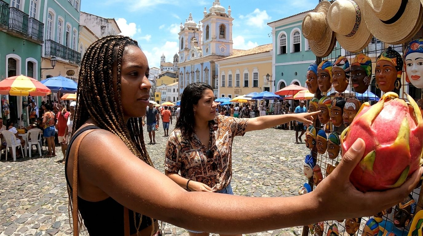 A vibrant, wide-angle photograph capturing two friends at a bustling street market in Salvador, Brazil. One friend holds a colorful piece of tropical fruit close to the camera, while their other hand points towards a unique handcrafted item on a nearby stall in the mid-ground. In the far background, a distinctive colonial building stands out, creating a clear visual hierarchy of objects at different distances.