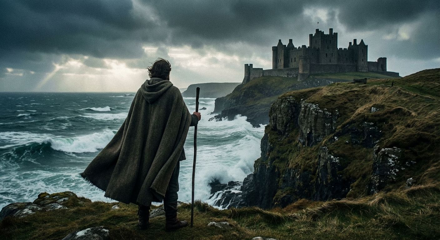 A lone figure, cloaked and resolute, stands atop a dramatic, windswept cliff overlooking a tumultuous Scottish sea, with a formidable ancient castle silhouetted in the distance under a brooding sky. The scene evokes a sense of solemn determination and impending justice.