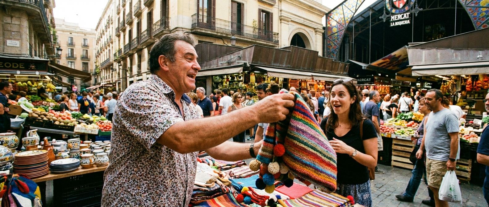 A wide-angle, vivid photograph of a bustling outdoor market in Spain, where a friendly Spanish vendor animatedly presents a vibrant, colorful item to a customer, whose expression shows a mix of curiosity and slight surprise, as if in a lively, conversational exchange.