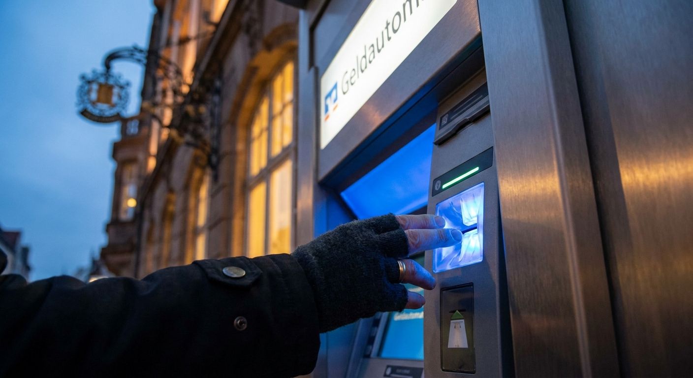 A close-up, dramatic photograph of a person's hand reaching towards the card slot or money dispenser of a modern cash machine in a sophisticated German urban setting. The machine's screen casts a subtle glow on their fingers, with a blurred backdrop of elegant German architecture, capturing a moment of everyday financial interaction.