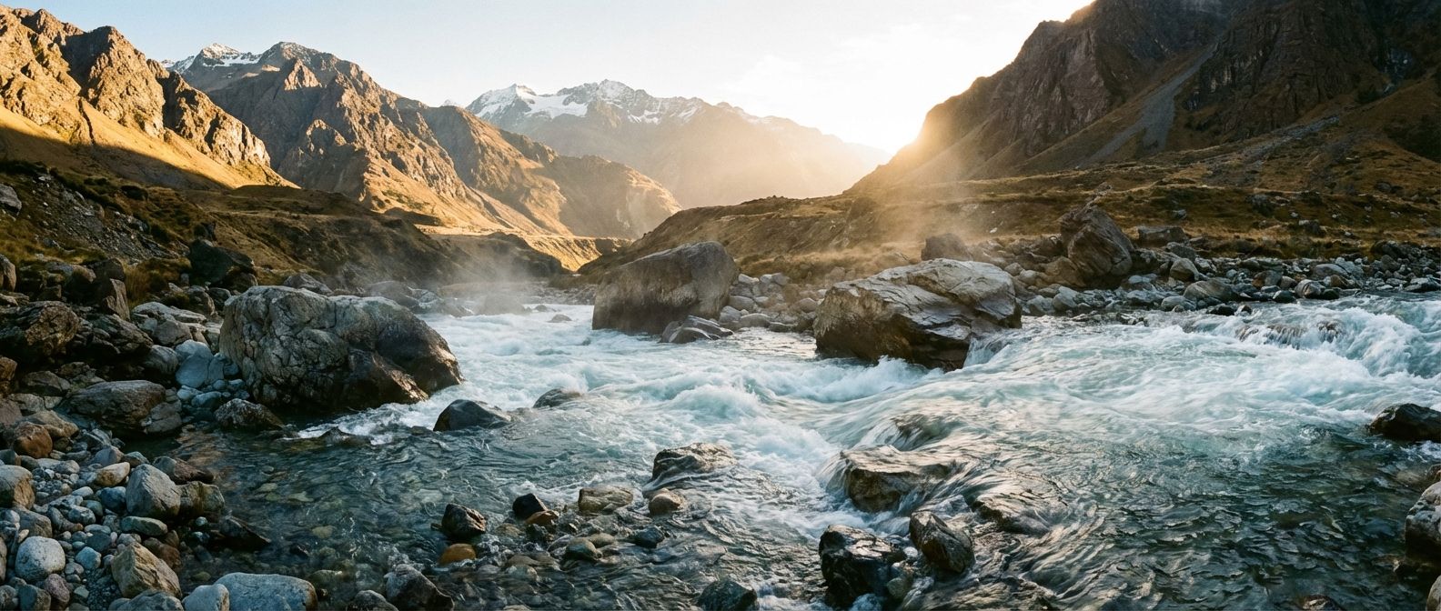 A dramatic wide-angle photograph of a powerful, fast-flowing river carving its way through a rugged, rocky V-shaped valley in a mountainous landscape. The clear water churns around large boulders, with smaller pebbles visible on the riverbed, hinting at the force of erosion and transportation. Golden hour sunlight illuminates the scene, casting long shadows.