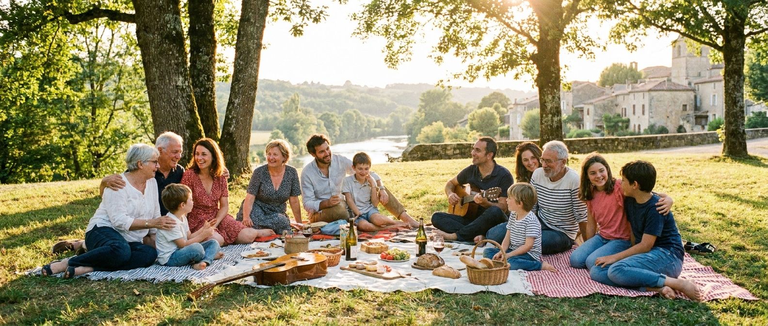 A candid, wide-angle photograph of a multi-generational French family enjoying a lively outdoor picnic in a beautiful park, with grandparents, parents, children, and cousins laughing and interacting. The scene is bathed in warm, natural light, capturing a sense of joy and familial connection in a picturesque French setting.
