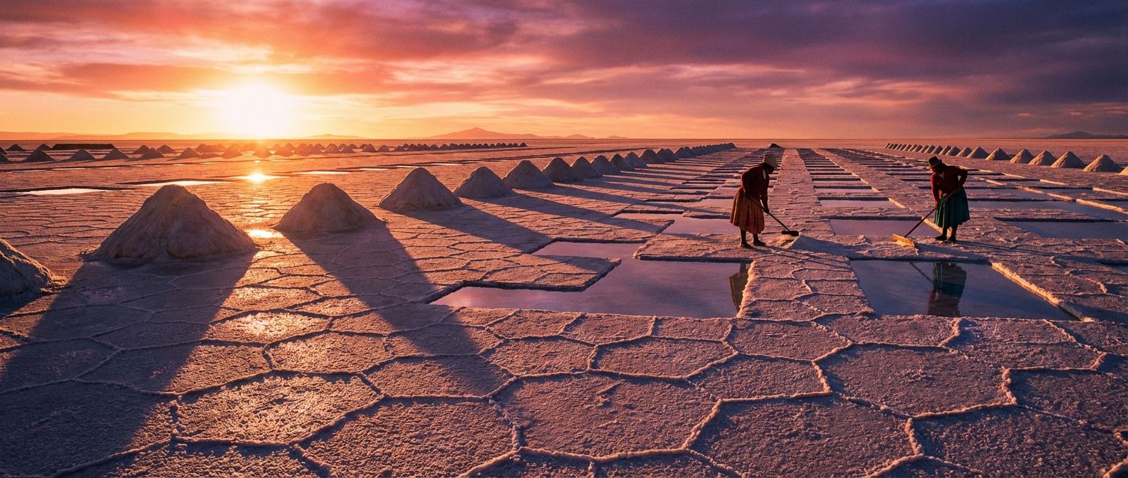 A wide, cinematic photograph of vast, shimmering salt flats at sunrise or sunset, casting long, dramatic shadows and reflecting the sky. Intricate patterns of salt crystals stretch across the horizontal frame, suggesting natural chemical transformation and the beautiful outcome of 'salt production'.
