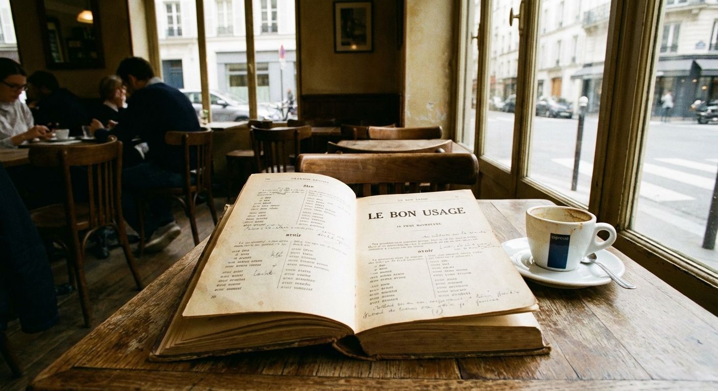The image is a warm, inviting scene in a Parisian cafe, captured with a slightly grainy, vintage film aesthetic. In the foreground, an open, worn book titled "Le Bon Usage" sits on a rustic wooden table, with a half-empty coffee cup and saucer next to it. Sunlight streams in through a large window behind, revealing a Parisian street scene with buildings and pedestrians. In the background, other patrons are seated at tables, adding to the cafe atmosphere. The color palette is muted, with warm tones of brown, beige, and cream dominating the scene, balanced by the cooler blues and grays of the street view. The composition is focused on the book and coffee, drawing the viewer into the intimate, literary feel of the cafe.
