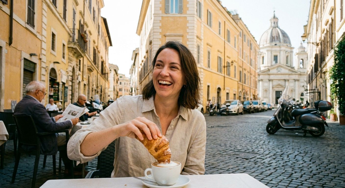 A candid photograph of a person enjoying a typical Italian breakfast of a cappuccino and cornetto at a sun-drenched outdoor cafe in a charming Italian city street, with historic architecture in the background, captured in warm morning light.