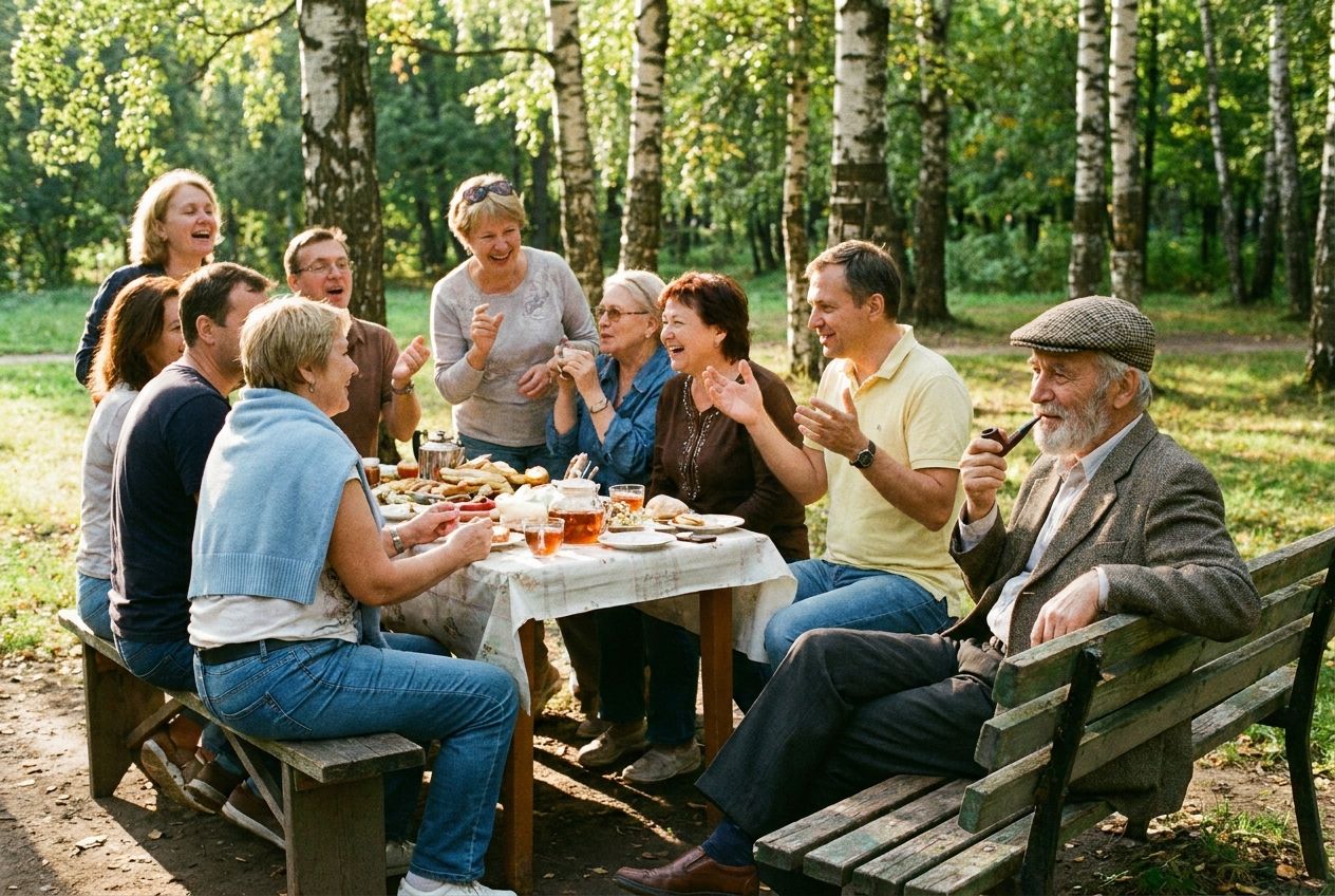 A candid photograph of a lively group gathering in a sunlit Russian park, some people laughing and gesturing animatedly in conversation, while one person sits slightly apart on a bench, observing thoughtfully. The scene is composed for a 3:2 landscape frame, with vibrant green foliage and warm sunlight creating a dynamic contrast between engagement and reflection.