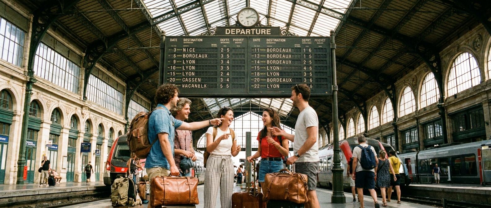 A wide shot of a bustling, elegant French train station, focusing on a group of friends or a couple standing near a grand departure board, pointing and discussing their travel plans with excitement. Luggage is visible nearby, and the scene is filled with natural light, capturing a sense of anticipation for a journey.