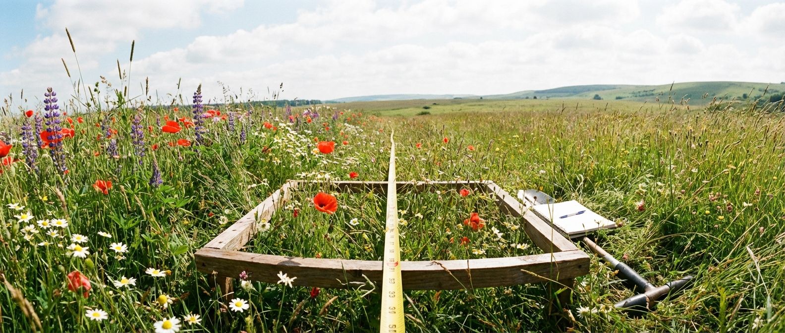 A wide, low-angle photograph of a sturdy wooden quadrat placed in a vibrant, sun-drenched meadow filled with wildflowers. A yellow measuring tape stretches across the foreground and into the distance, suggesting a scientific transect line. The scene captures the subtle transition from dense flora to a more open, grassy area under a bright sky, emphasizing ecological exploration.