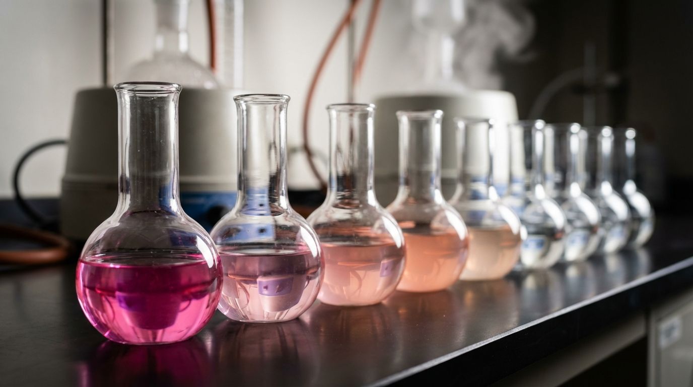 A dramatic, wide-angle close-up photograph of a row of elegant glass beakers or small flasks, arranged horizontally on a sleek, dark laboratory bench. Each beaker contains a liquid, with the first being a vibrant, clear pink, and subsequent beakers showing a gradual fading gradient of pink to completely colourless, visually representing a chemical reaction over time or varying temperatures. Soft, focused light illuminates the liquids, creating reflections, with a subtle hint of scientific equipment or diffuse steam in the background to suggest an experimental setting.