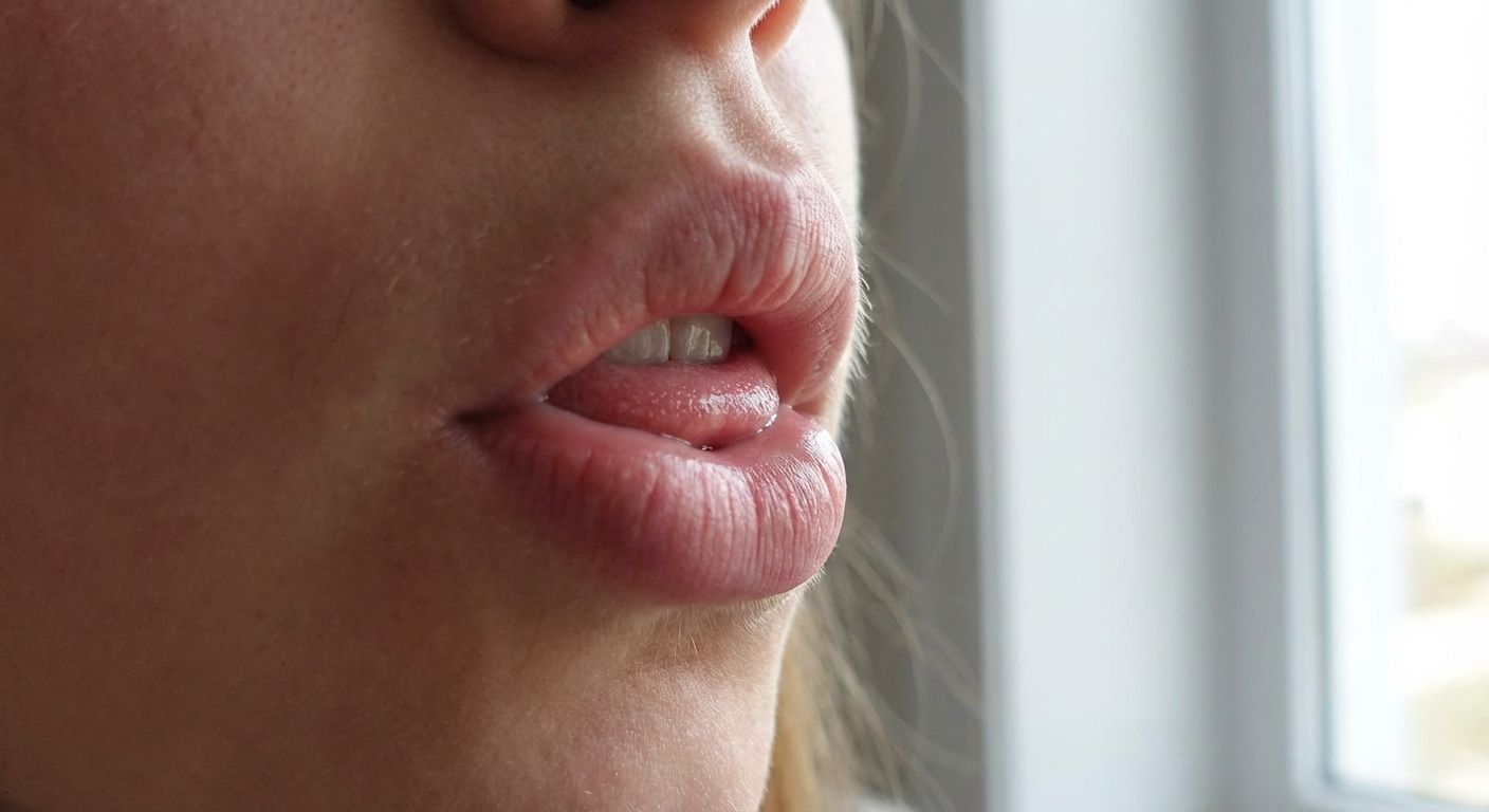 A close-up photograph focuses on a person's mouth and the immediate surrounding area. The lips are prominent, slightly parted to reveal the front teeth and the tip of the tongue. The skin tone is fair, and the lips have a natural pink hue. The image is well-lit, highlighting the texture of the skin and the details of the lips. The background includes a blurred view of what appears to be a window with soft, neutral colors. The style is realistic, with an emphasis on capturing natural details rather than artificial enhancements. The overall composition is simple and focused, drawing attention to the central subject.