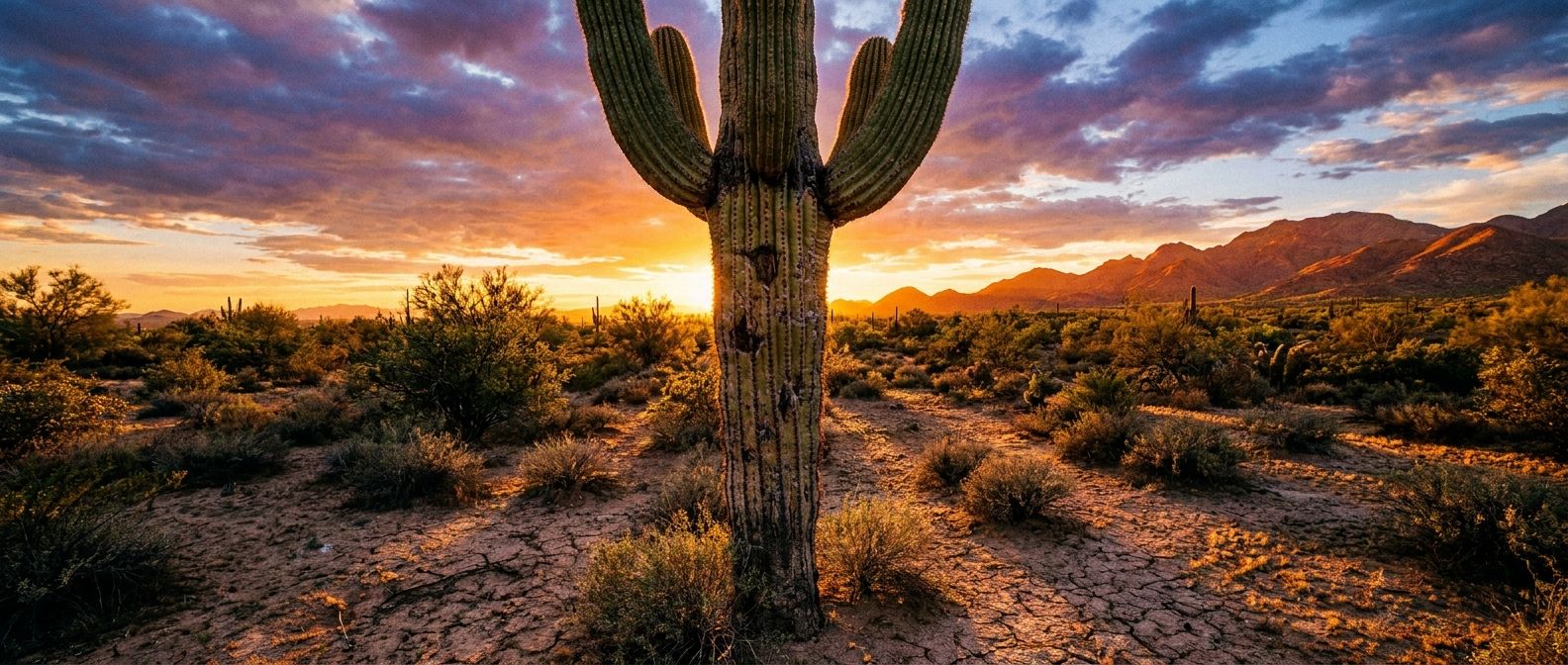 A solitary, majestic saguaro cactus stands tall and proud against a vibrant, sun-drenched desert landscape at golden hour. Its thick, waxy stem, clearly visible, embodies perfect adaptation and resilience in extreme arid conditions, captured with a dramatic, photorealistic wide-angle lens.