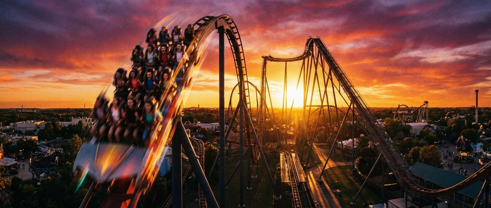 A dramatic wide-angle photograph of a roller coaster car plummeting down a steep drop, with blurred motion trails suggesting immense speed. The sun is setting, casting long shadows and a golden glow across the amusement park, highlighting the exhilaration of the riders.