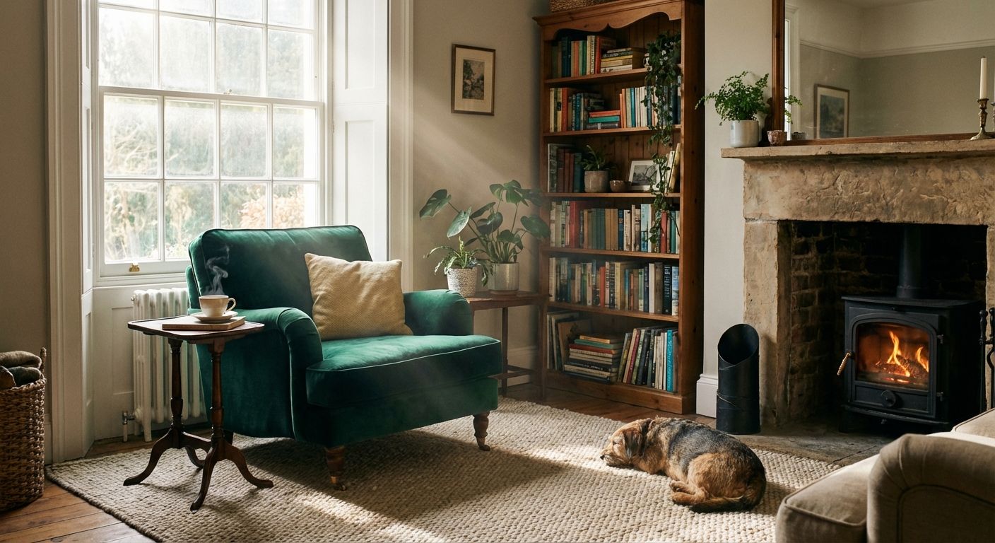 A high-quality photograph of a cozy, sun-drenched British living room featuring a plush emerald velvet armchair, a vintage wooden bookshelf, and a warm stone fireplace. The soft morning light streams through a large sash window, highlighting the textures of a woven rug and a steaming cup of tea on a side table.