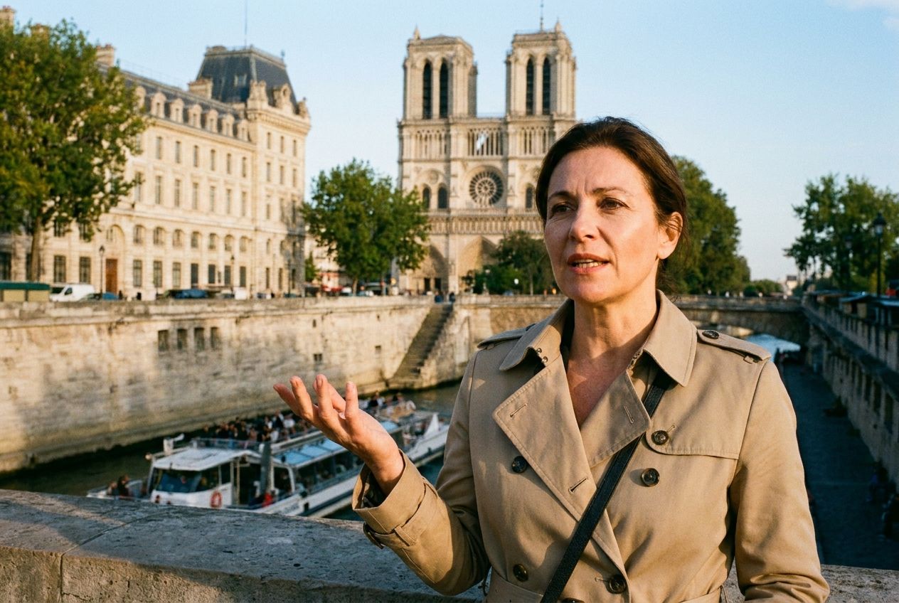 A confident person stands on a picturesque bridge over the Seine in Paris, gesturing subtly as they speak, their expression articulate and engaging, conveying clear thought and narrative flow. The warm afternoon light illuminates the classic Parisian architecture in the background, composed for a 3:2 landscape photograph.
