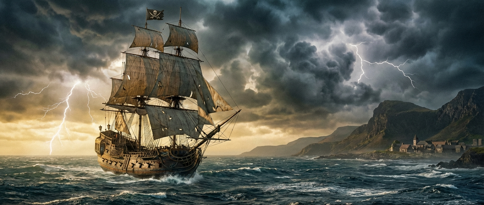 A dramatic, wide-angle photograph of an 18th-century pirate ship, sails full, cutting through choppy waters under a brooding, atmospheric sky. The scene evokes the volatile maritime world of early colonial North America, with a sense of adventure and danger.