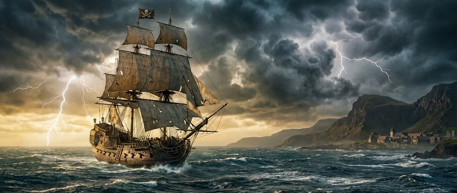 A dramatic, wide-angle photograph of an 18th-century pirate ship, sails full, cutting through choppy waters under a brooding, atmospheric sky. The scene evokes the volatile maritime world of early colonial North America, with a sense of adventure and danger.