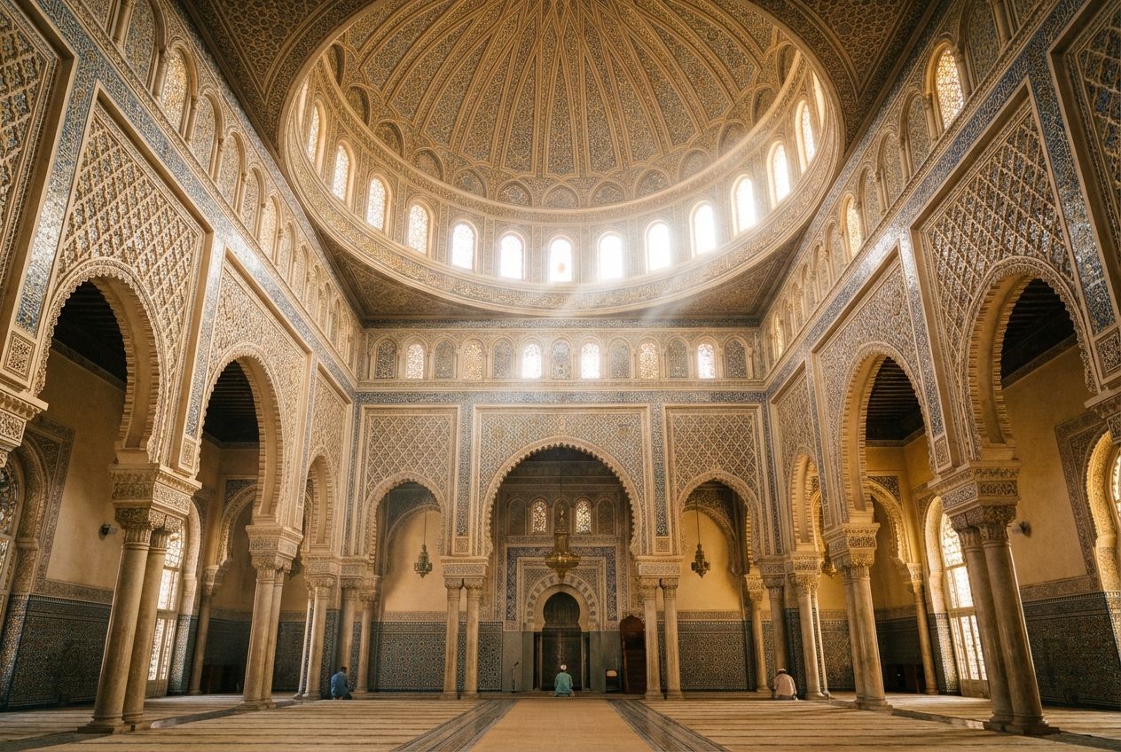 A wide-angle photograph of the majestic interior of a grand mosque, featuring intricate geometric patterns on walls and dome, illuminated by soft, ethereal sunlight streaming through arched windows. The scene emphasizes symmetry, unity, and a sense of profound serenity, composed for a 3:2 landscape frame.