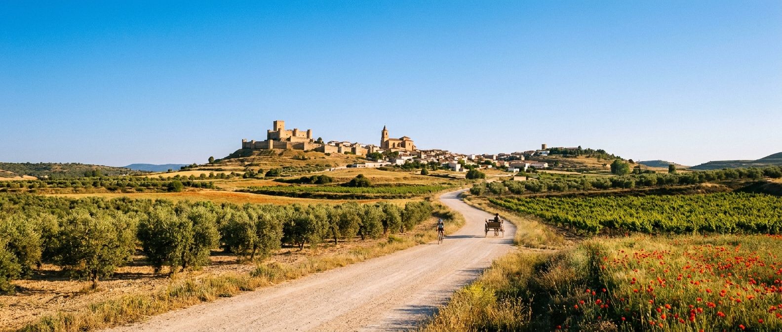 A wide, dramatic photograph captures a winding road or sun-drenched path traversing a vibrant Spanish landscape, leading towards a charming village or a prominent, distant landmark under a clear, expansive sky, highlighting both the journey and the destination.