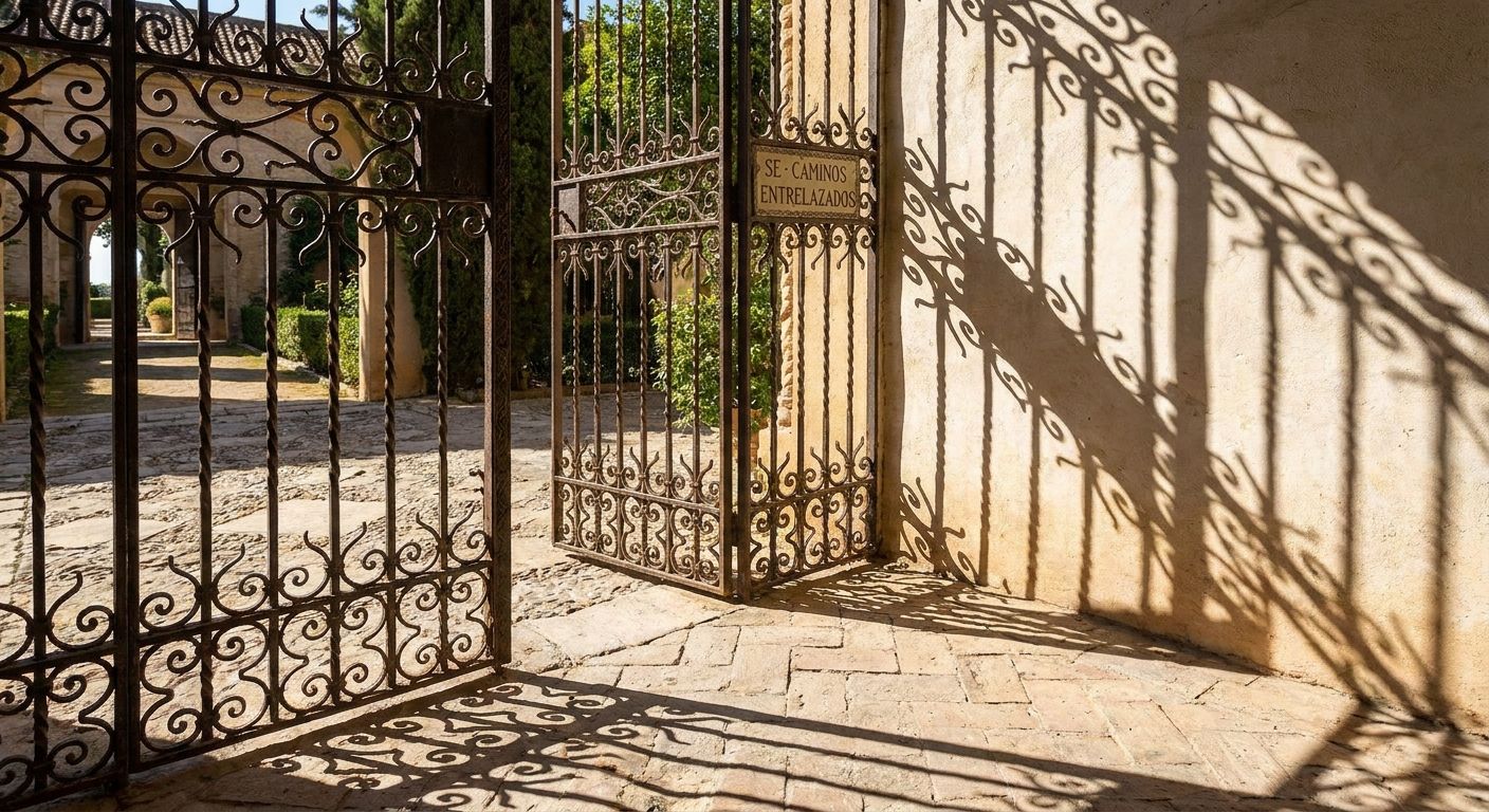 A dramatic, close-up photograph of an ornate, antique wrought-iron gate in a sun-drenched Spanish courtyard, its intricate, interwoven patterns casting complex shadows. The gate is slightly ajar, hinting at multiple pathways or interpretations beyond, symbolizing the versatile and interconnected meanings of 'se'.