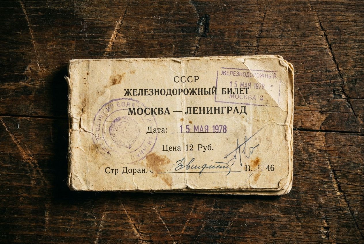A close-up, top-down shot of a single, aged Russian train ticket with faded Cyrillic text, resting on a dark, textured wooden surface. Soft, directional light from the left highlights the creases and paper fibers, emphasizing its history and tactile quality, composed for a 3:2 landscape frame.
