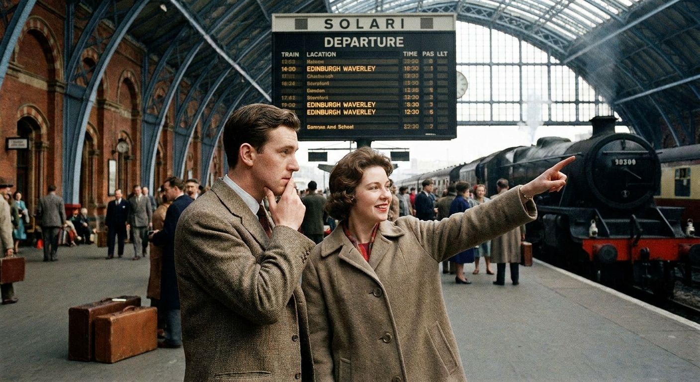 A candid photograph of two friends at a bustling, historic British train station. One friend, looking pensive, gazes at a large departure board, while the other gently points towards a specific train, offering thoughtful guidance in a distinctly British setting.