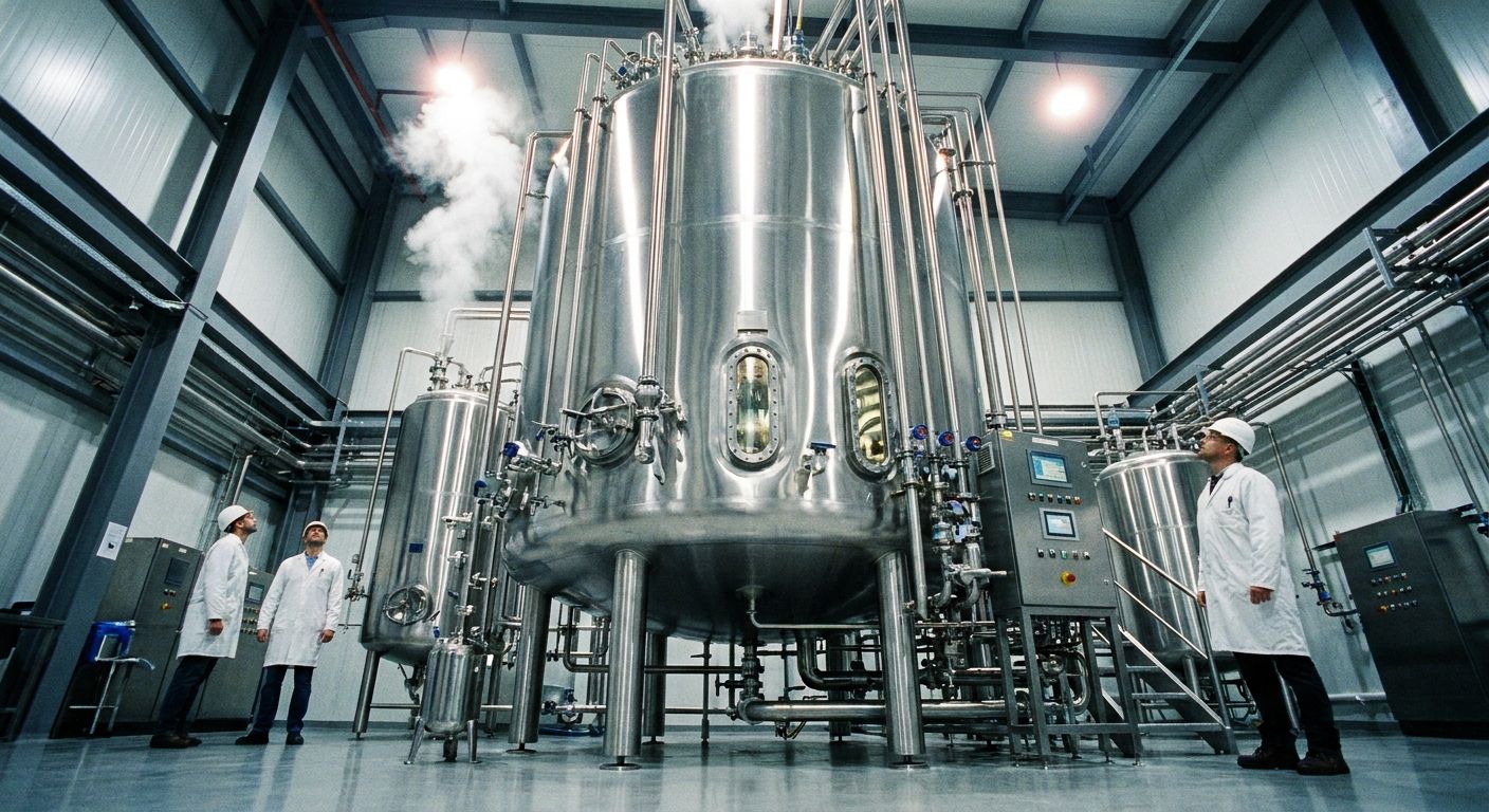 A dramatic, low-angle shot of a towering, gleaming stainless steel industrial fermenter, with intricate pipes and control panels, brightly lit within a clean, modern biotechnology facility. Emphasize its impressive scale and precision, capturing the essence of advanced industrial biology.