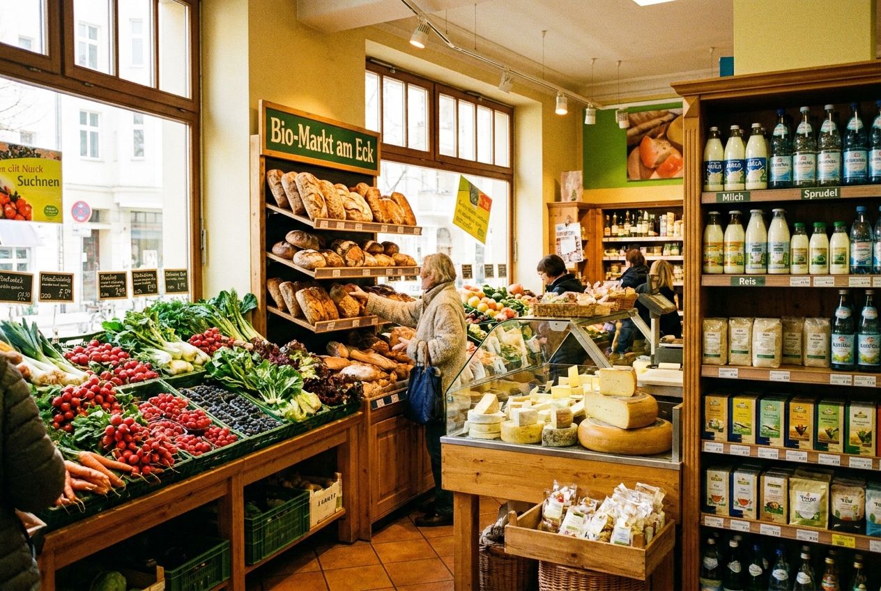 A vibrant, eye-level photograph inside a traditional German grocery store or market, showcasing a diverse selection of fresh produce, artisanal bread, cheese, and various bottled and packaged goods like milk, water, rice, and tea. A shopper's hand is subtly reaching for an item, capturing the daily act of selecting groceries in a bright, inviting atmosphere, composed for a 3:2 landscape frame.
