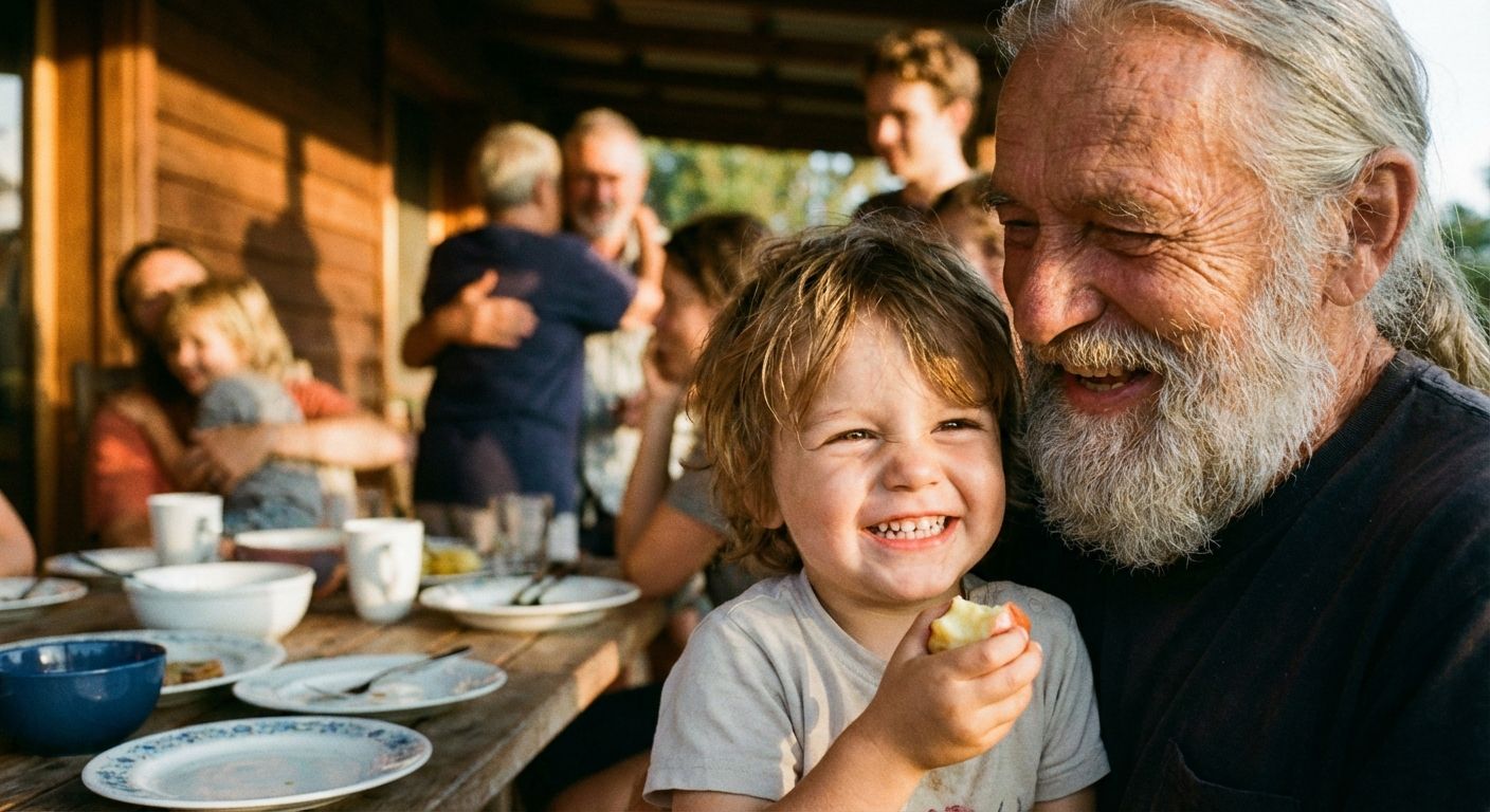A cinematic, high-detail photograph of a multi-generational family gathering around a sun-drenched wooden table, focusing on the expressive faces of an elderly man with a silver beard and a young child with bright eyes. The warm, golden hour light highlights their distinct physical features and joyful personalities in a candid moment.