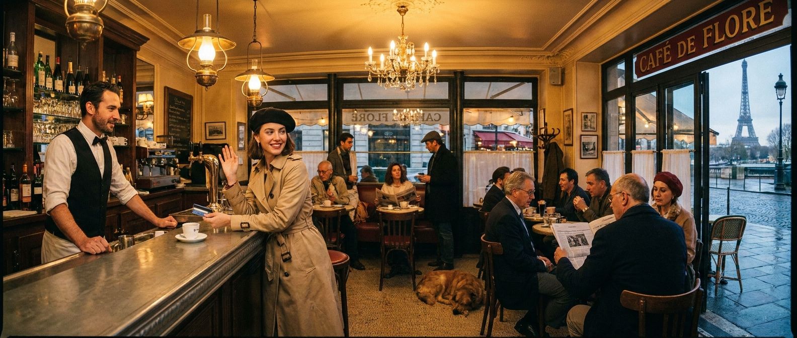 A vibrant, wide-angle photograph inside a classic Parisian café at dusk. Soft, warm light illuminates a person at the counter holding a credit card, poised as if asking to pay, while in the background, other patrons are engaged in conversation or waiting, suggesting various permissions and obligations of daily life.