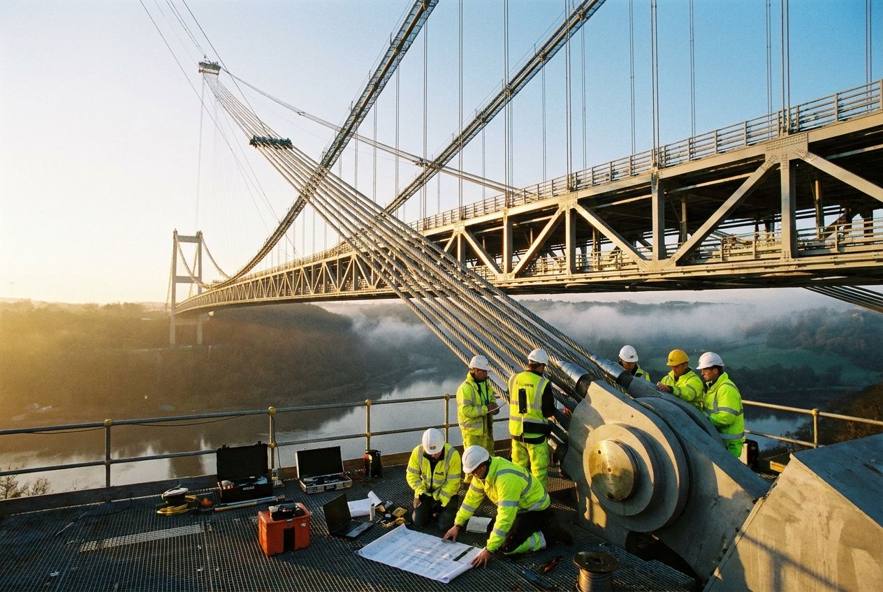 A wide-angle, dramatic photograph of a massive, modern suspension bridge, its intricate steel cables and girders forming a complex network. In the foreground, a team of engineers in high-visibility gear meticulously examines a crucial structural component, their tools and blueprints laid out, symbolizing rigorous compliance checks and risk assessment. The scene is bathed in the golden light of dawn, emphasizing the high stakes and precision required, composed for a 3:2 landscape frame.