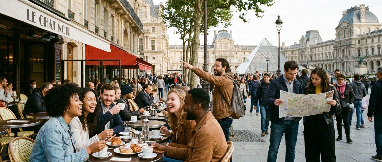 A vibrant, wide-angle photograph of a charming Parisian street scene. In the foreground, a group of friends are laughing and sharing coffee at an outdoor café, conveying warmth and familiarity. In the mid-ground, a person points towards a grand, historic Parisian landmark, like the Louvre or a beautiful arch, with others looking at a map, suggesting exploration and discovery. The scene is bathed in soft, inviting daylight.