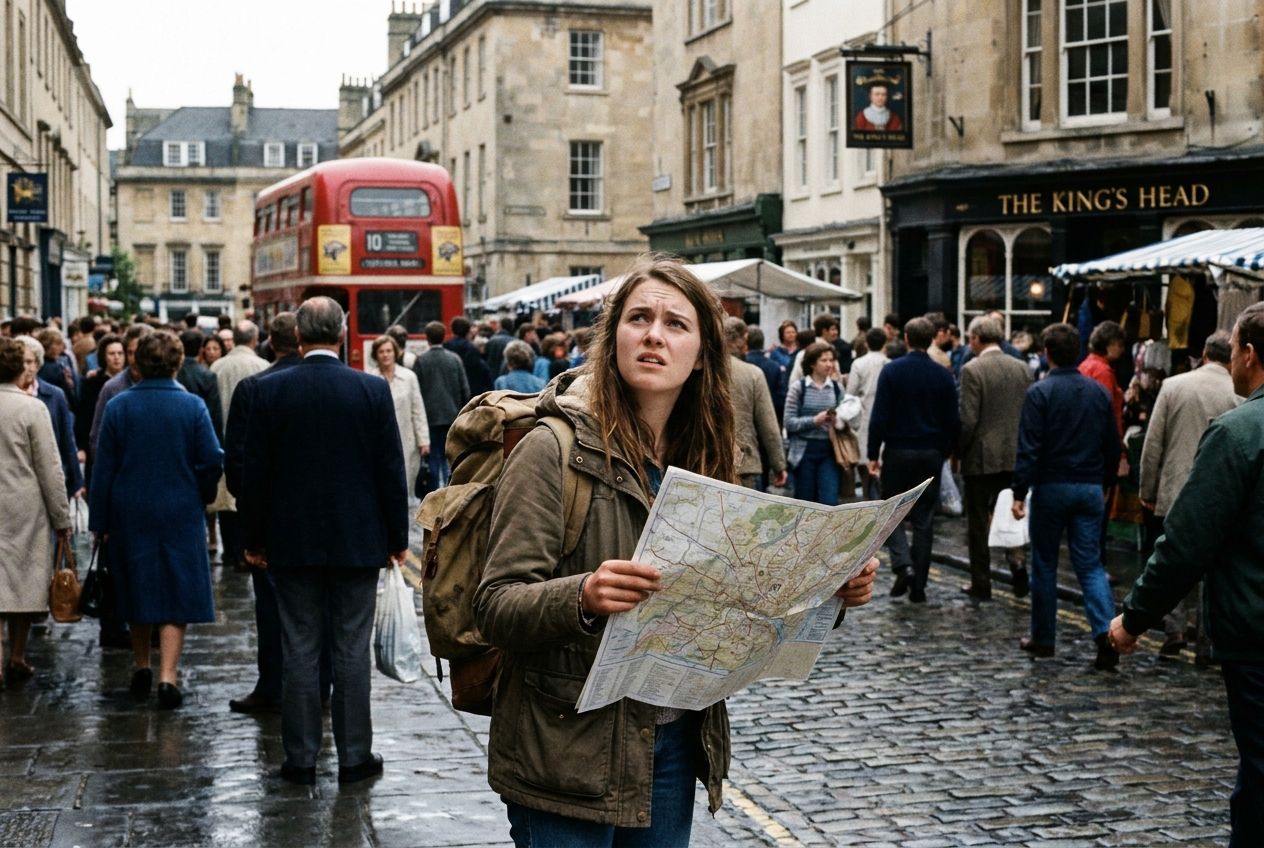 A candid, dramatic photograph of a person, perhaps a young traveler, standing at a bustling street corner in a historic British city, holding a map and looking up with an inquisitive, slightly uncertain expression, as if about to ask for directions or figure out their next move. The scene is vibrant and full of life, captured in a 3:2 landscape frame with soft, natural light.