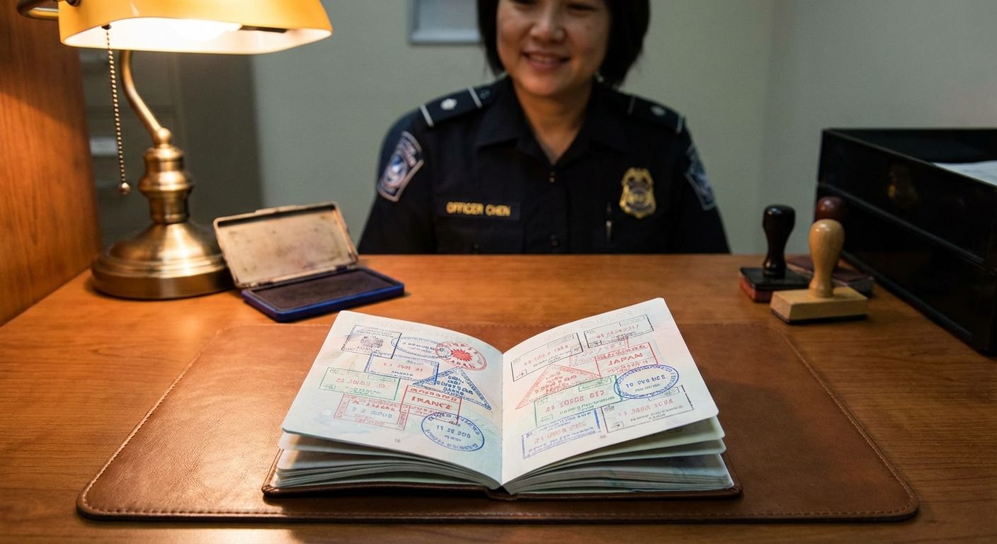 This image has a candid, well-lit style with a warm color palette. It shows a waist-up shot of a customs officer with short black hair behind a wooden desk. The focal point is an open passport covered in colorful stamps, laid out on a brown leather desk pad. Beside the passport are rubber stamps and an ink pad. A brass banker's lamp provides warm light from the left. The officer is smiling slightly and wearing a dark blue uniform with patches on the shoulders. The desk is uncluttered, contributing to a sense of order and control. The background is a plain, neutral color.