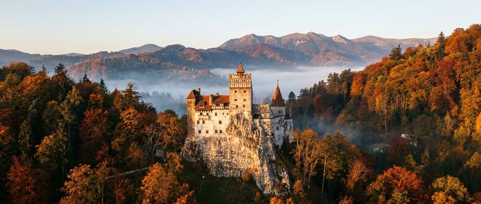 A dramatic, wide shot of Bran Castle, perched atop a dense, forested hill in Transylvania, Romania. The ancient stone castle is illuminated by the golden hour sun, casting long shadows over the surrounding autumn trees, with a hint of mist in the valleys below, evoking a sense of history and mystique.