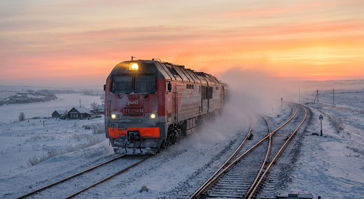 A powerful train speeds through a vast, snow-covered Russian landscape at dawn, its single headlight shining brightly into the mist. The train tracks sharply converge in the foreground, leading the eye towards a distant, softly glowing horizon.