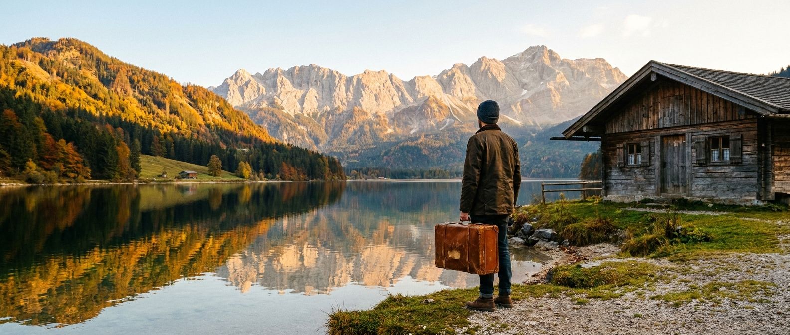 A lone traveler with a vintage leather suitcase stands at the edge of a pristine mountain lake in Bavaria, Germany, gazing at the majestic peaks in the distance. Golden hour light bathes the scene, creating a warm, inviting atmosphere. Wide, horizontal shot, vivid colors, photographic style.