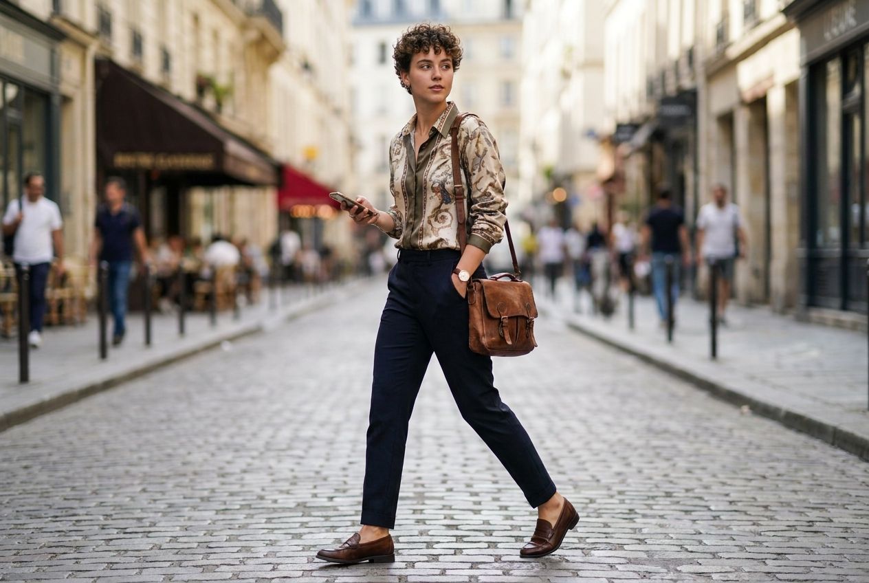 A candid, vibrant photograph of a stylish young person walking confidently on a cobblestone street in Paris, their gaze directed slightly off-camera. They are wearing a chic shirt, trousers, and stylish shoes, with a distinct leather bag slung over their shoulder. A watch is visible on their wrist, and their other hand casually holds a smartphone, captured in natural daylight with a shallow depth of field, 3:2 landscape.