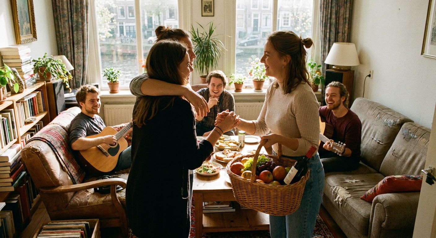 A vibrant photograph of friends gathered in a cozy, bright Dutch living room, sunlight streaming through a window. One friend, holding a basket filled with fresh fruit and a bottle of wine, is warmly welcomed by another, their hands reaching out in a gesture of shared hospitality. The scene embodies a sense of coming together.