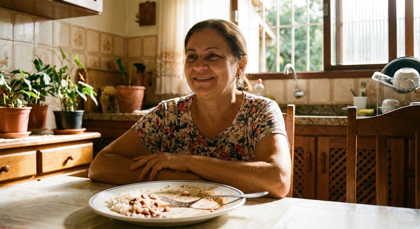 A warm, inviting photograph of a person, seen from a mid-distance, smiling contentedly in a sunlit Brazilian kitchen. They have just finished a plate of traditional 'arroz com feijão', with the mostly empty plate and a resting fork prominently in the foreground, symbolizing a completed action.