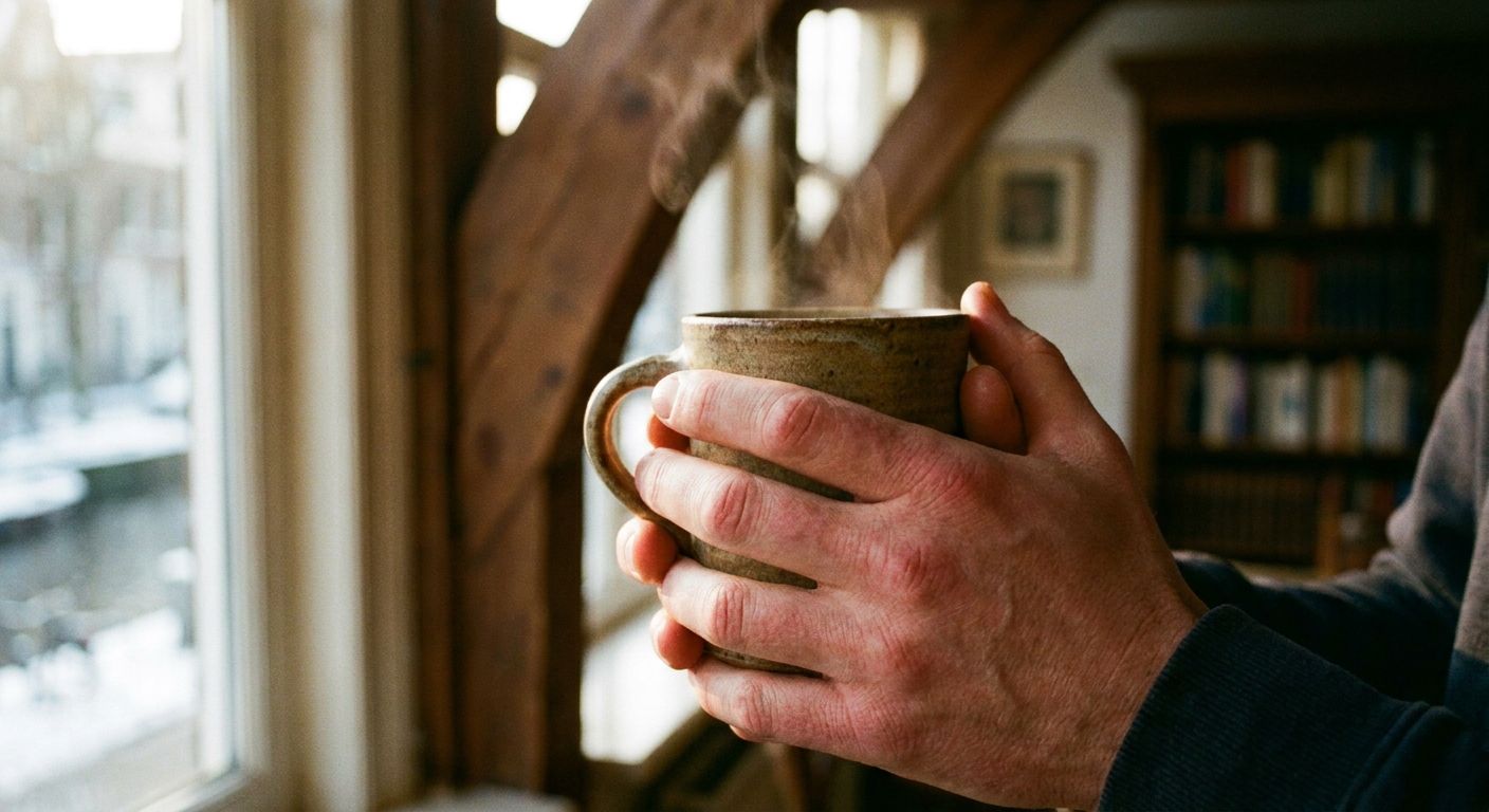 A dramatic close-up photograph of a person's hands, slightly reddened from the cold, tightly wrapped around a steaming ceramic mug. Soft, warm light illuminates the scene, with a subtly blurred background suggesting a cozy Dutch canal house interior in winter, evoking comfort and warmth.