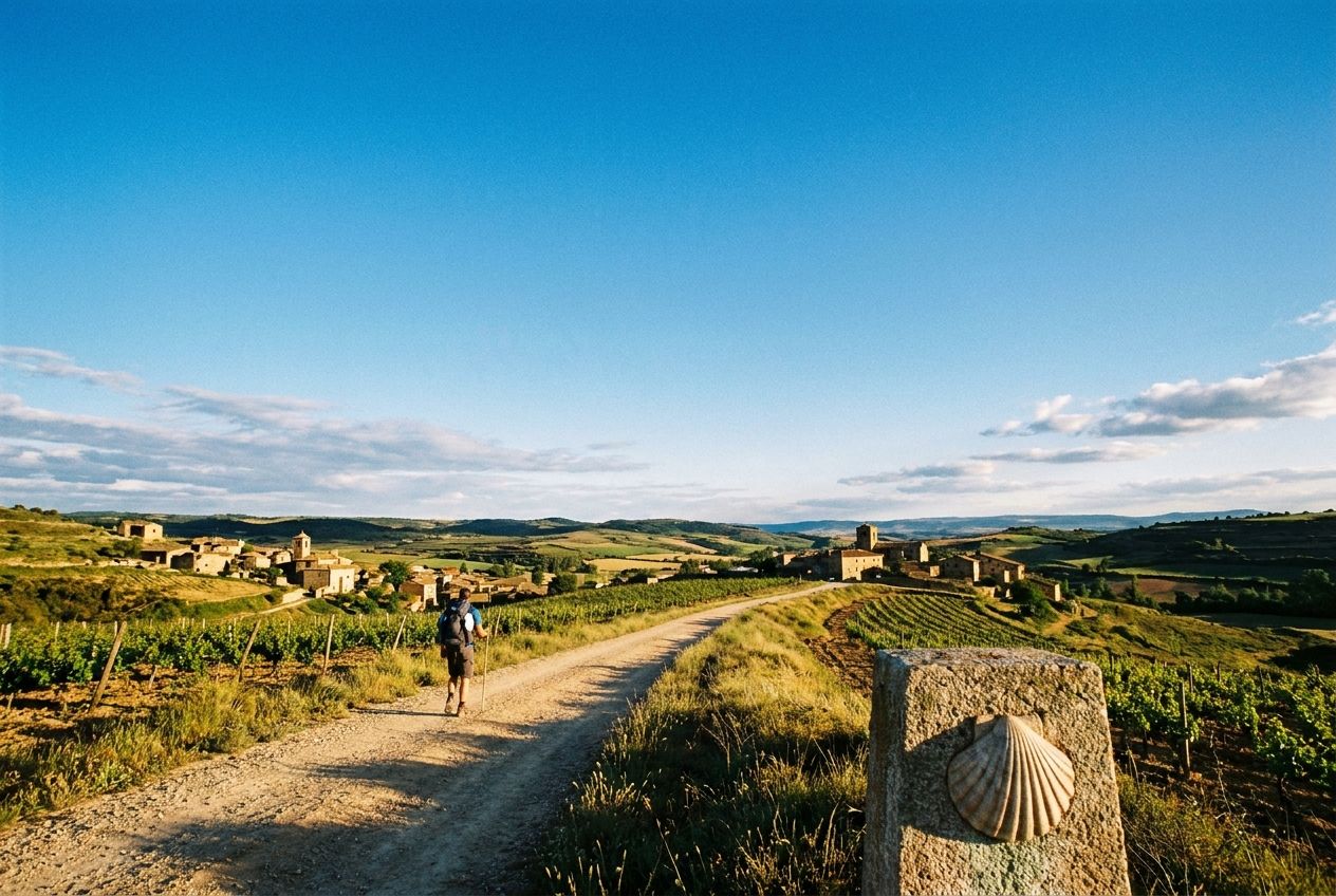 A dramatic wide-angle photograph capturing a lone figure walking along a winding, sun-drenched path on the historic Camino de Santiago, stretching endlessly through a picturesque Spanish landscape. The scene evokes continuous journey and enduring effort, composed for a 3:2 landscape frame with a clear, expansive sky.