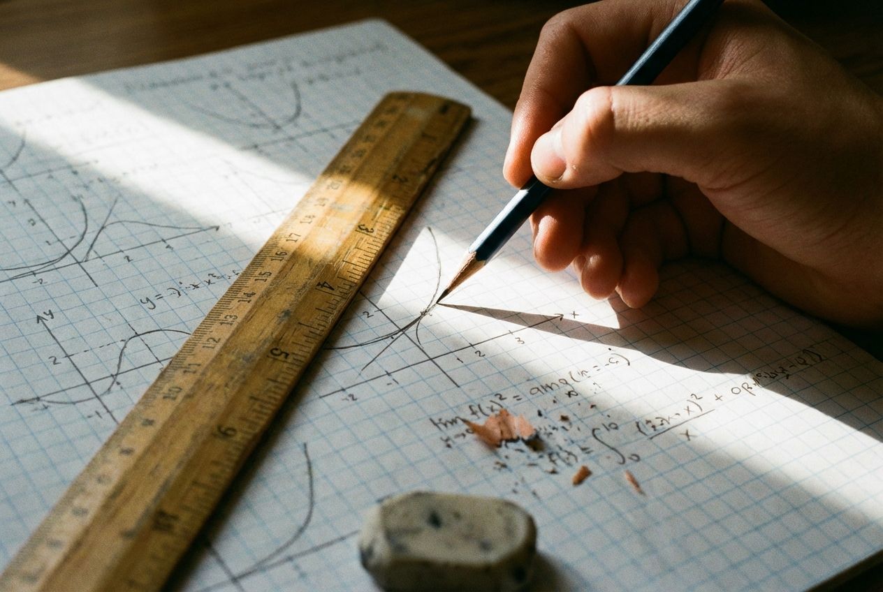A close-up photograph of a student's desk with a hand-drawn graph on paper, a pencil drawing a tangent line to a curve, and a ruler lying nearby. The light is focused and highlights the tools and the precision required for the task.
