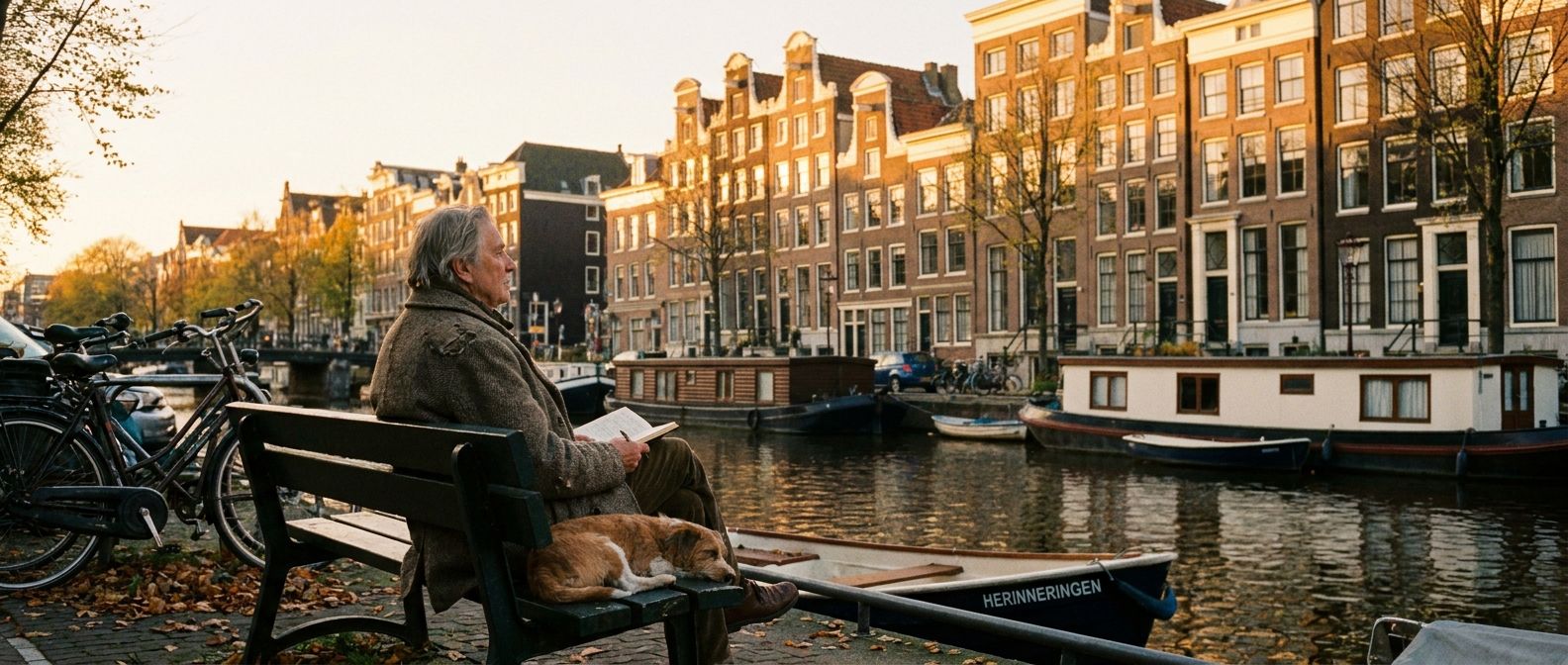 A wide-angle photograph of a person sitting reflectively by a quiet canal in Amsterdam, looking towards the historic Dutch architecture bathed in soft, warm evening light, evoking a sense of past moments and cherished memories.